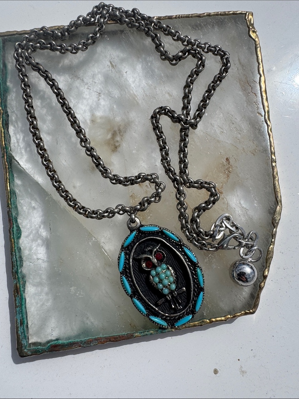 Sterling Tone Owl Pendant Necklace with Turquoise and Red Accents - Unbranded